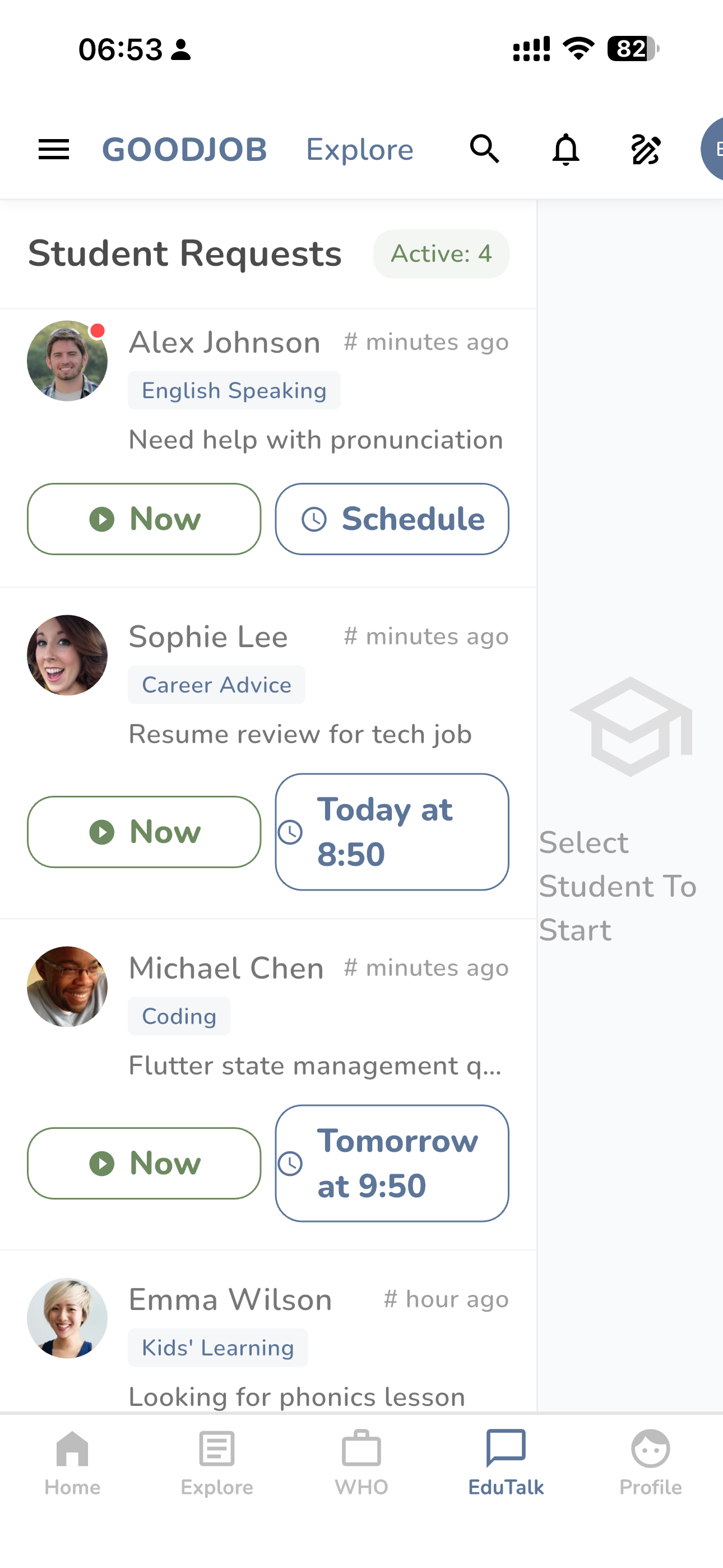 GoodJob tutor and coach support screen